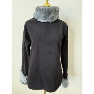 Moda International Fleece Sweater With Fau Fur Cuff/Collar Black Gray Women's M